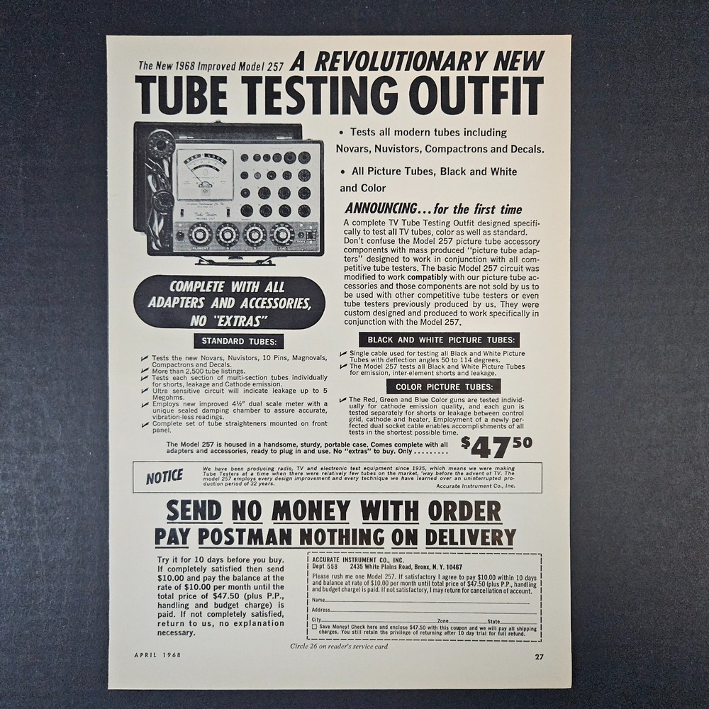 1968 Accurate Instrument Tube Testing Outfit Model 257 Vintage Print Ad Bronx NY